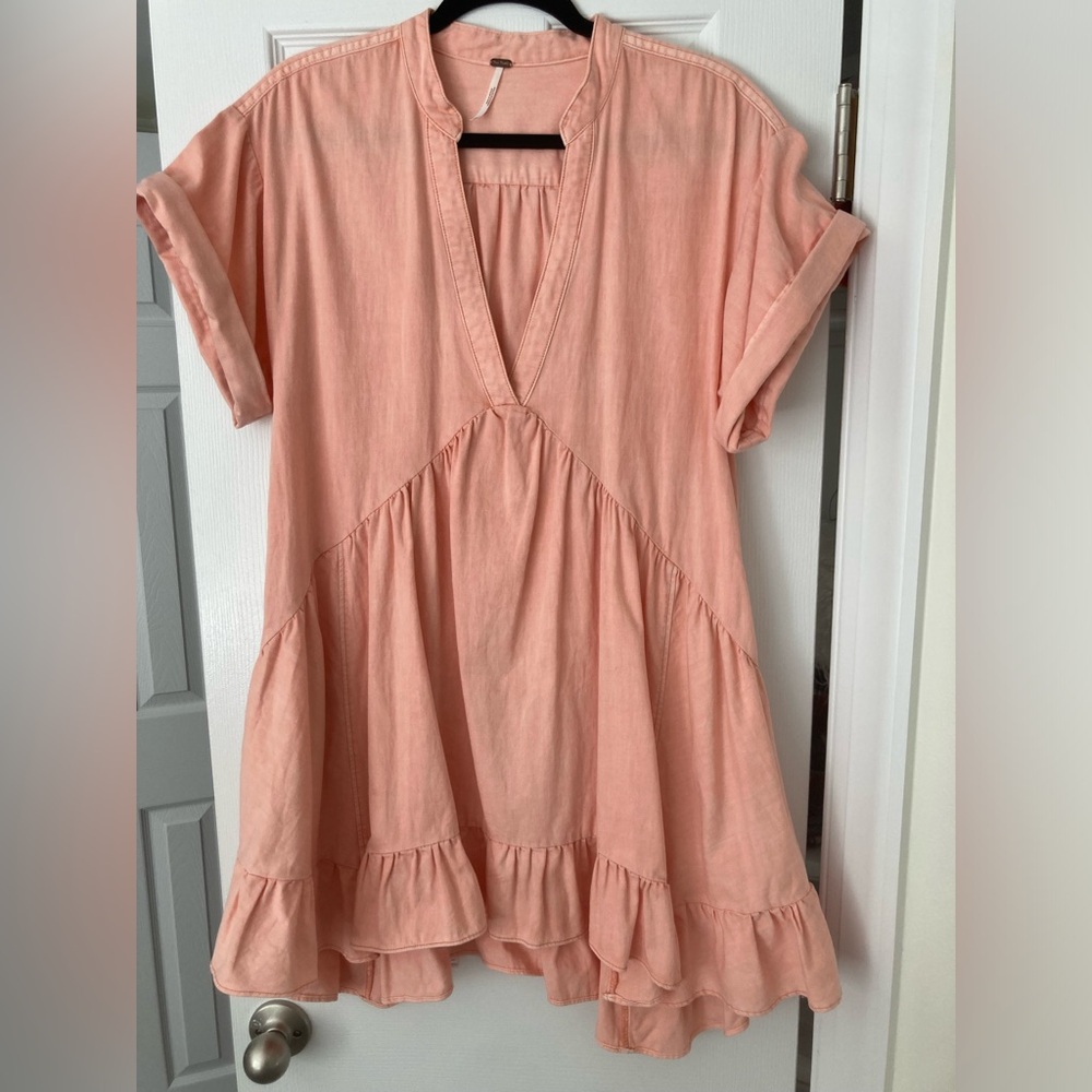 Free People Coral V-Neck Tunic with Ruffle Hem